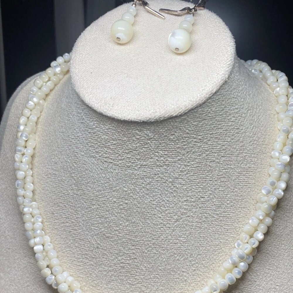 Vintage Multi Strand Natural Shell Necklace Earrings Set